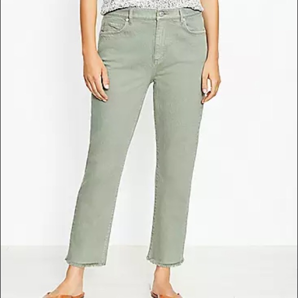 LOFT Frayed High Rise Straight Crop Jeans in Soft Moss